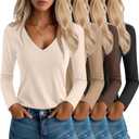 Neer 4 Pack Women's T-Shirts V Neck Long Sleeve Casual Tops Loose Fit Basic Layering Shirts Straight Hem Plain Soft Tees (Large, Apricot, Khaki, Brown, Black)