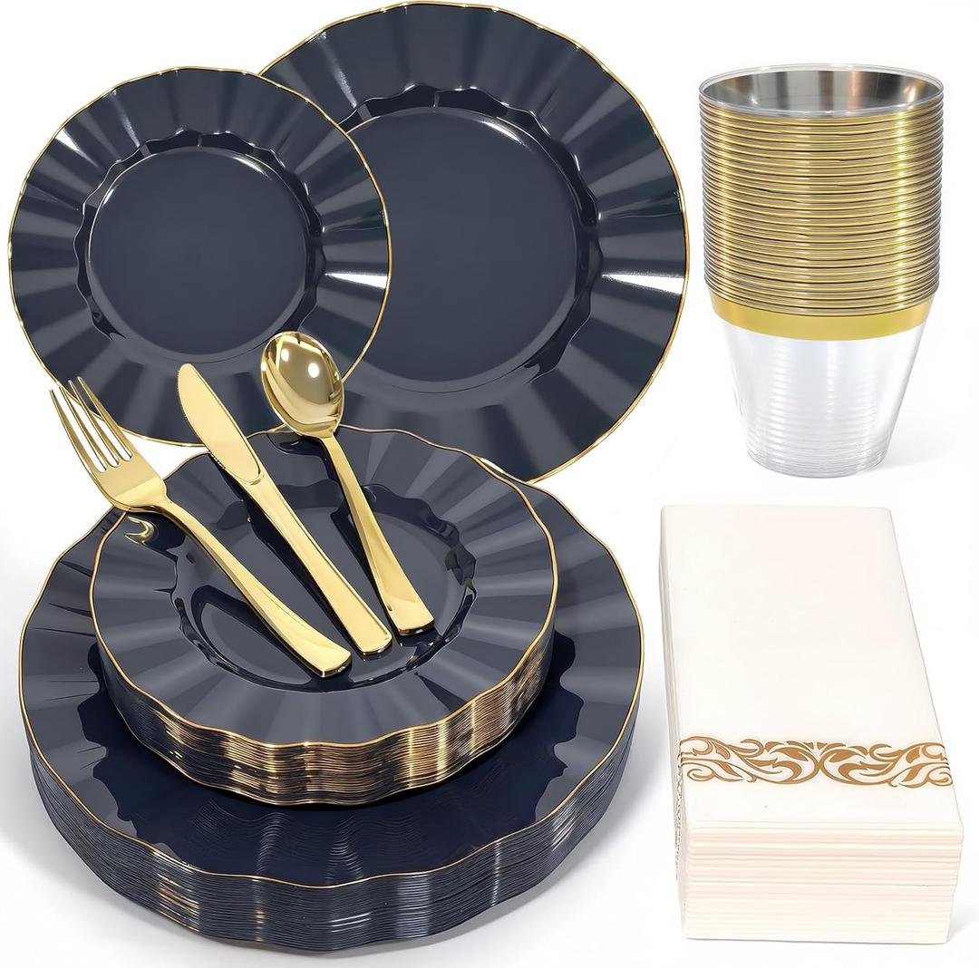 175 Plastic Dinnerware Set, Disposable Dinnerware Set for 25 Guests Include 50 Plastic Plates,25 Silverware Set,25 Cups and 25 Napkins for Christmas,Party,Wedding(Navy Blue and Gold)
