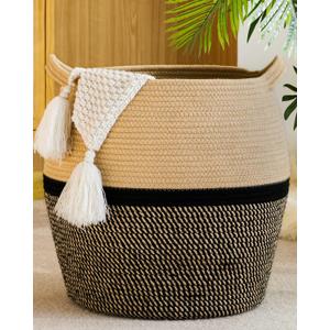 KAKAMAY Woven Baskets for Storage(17"x17"),Large Cotton Rope Woven Baby Laundry Hamper,Collapsible Laundry Basket, Blanket Basket for Organizing Living Room,Nursery,Clothes,Toy Chest (Black) 