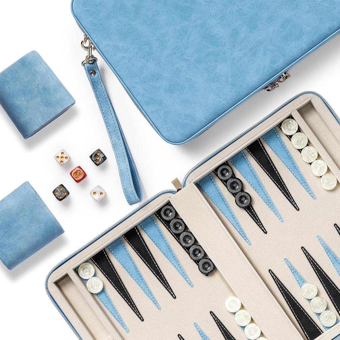 Backgammon Sets for Adults and Kids, Classic Backgammon Board with Unique Checkers Dice, Folding Faux Leather Backgammon Case, Portable Travel Backgammon Game Set (Blue)
