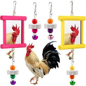 Sumind 2 Pieces Chicken Mirror Toys Hanging Swing Mirror with Bell Wooden Pecking Toy and 4 Pieces Beak Grinding Molar Stones for Hens Birds Parrots (Rose Red,Yellow)