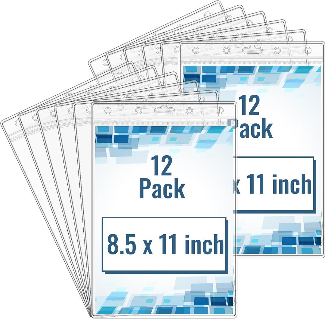 12 Pack Clear Sheet Protectors 8.5" x 11" Waterproof Resealable Zip Page Protectors Heavy Duty Dry Erase Document Holder Plastic Sleeves Protectors for Documents Photos Wall Sign Display
