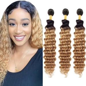 1b/27 Bundles Human Hair Ombre Blonde Deep Wave Bundles Mixed Length 10 12 14 Inch Double Weft Unprocessed Brazilian Virgin Hair Two Tone Black to Blonde