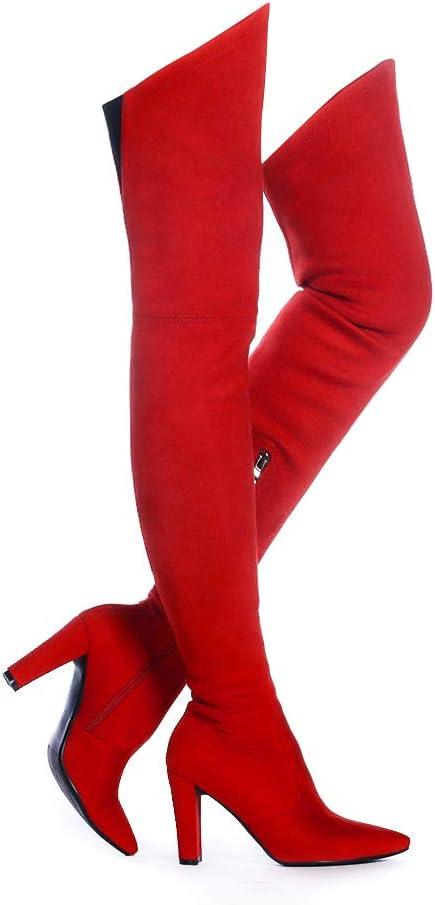 Shoe'N Tale Women Stretch Suede Chunky Heel Over The Knee Boots Thigh High for Women (7.5, Red)