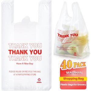 MAQIHAN Grocery Bags - 40Count Thank You T-shirt Bags for Grocery Store 11" X 21" Plastic Shopping Bag With Handles Ideal for Supermarket, Home Storage, Kitchen, Office, Large Capacity Reusable