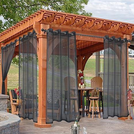 HolidayIdeas Outdoor Sheer Curtains for Patio Waterproof, 4 Panels - 54 x 95 Inch - Grey Light Filtering Voile Outside Curtains Grommet Drapes for Front Porch, Gazebo, Pergola, Backyard