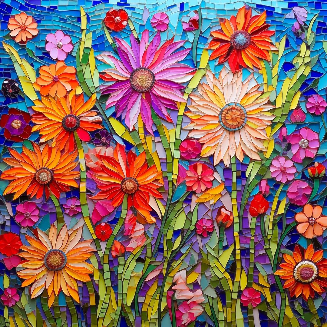 Bgraamiens-Mosaic Art Flowers-1000 Pieces Puzzle for Adults, Stained Glass Jigsaw with Flowers, Impossible Puzzle Color Challenge Hard Puzzles for Adults
