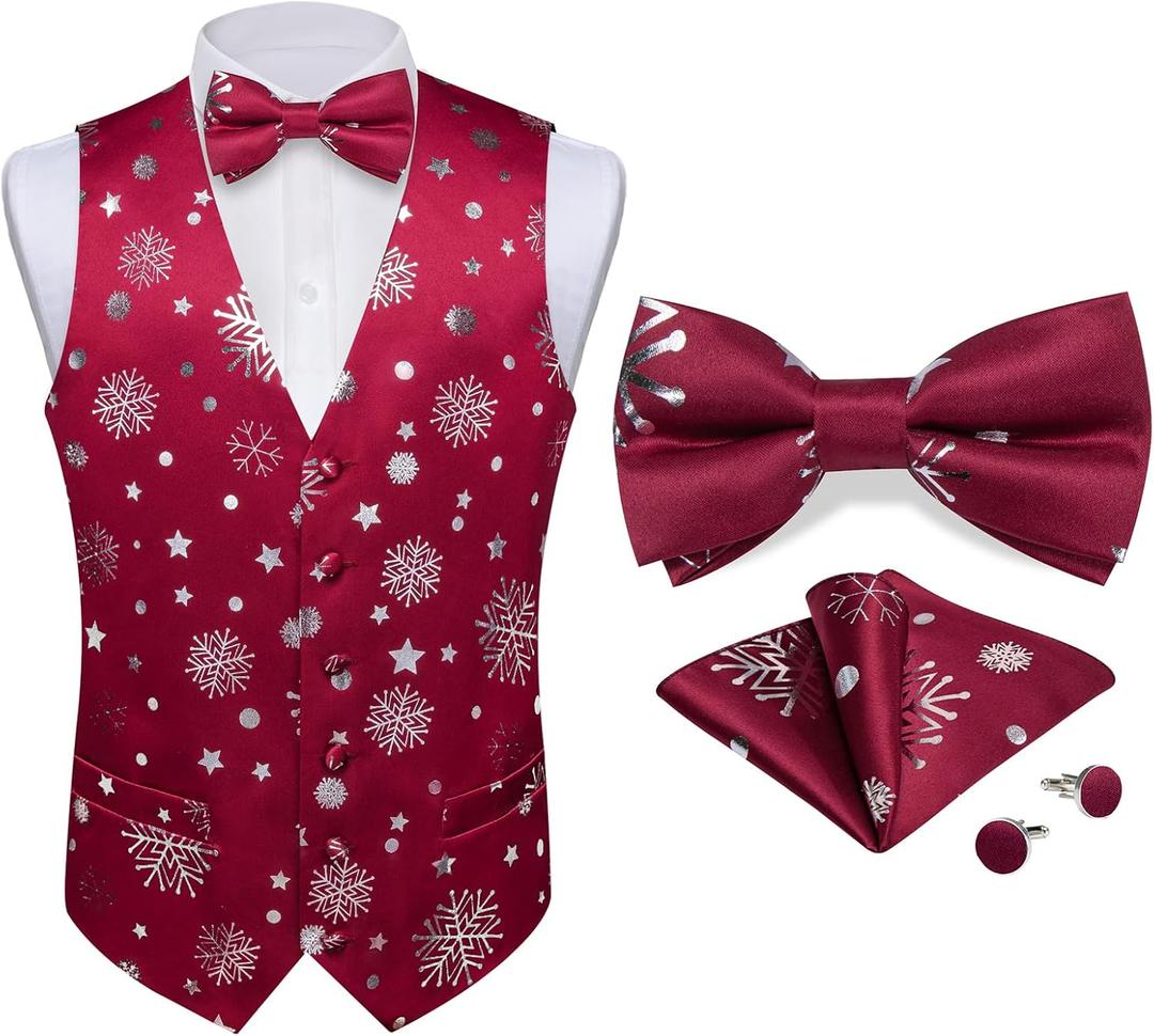 DiBanGu Mens Christmas Suit Vest Holiday Xmas Waistcoat Bowtie Set Party Suit Vest Christmas Holiday Waistcoat Tuxedo (Small, Burgundy Silver)