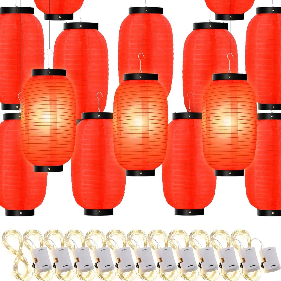 48 Pcs Traditional Japanese Style Red Silk Hanging Lantern Set Including Paper Lanterns Japanese Decorations and Lights for Chinese New Year Luna Festival Party Decoration DIY Crafts