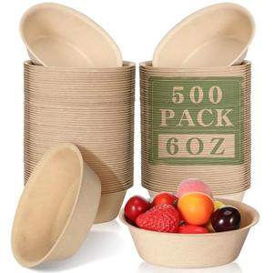 Dandat 6 oz Disposable Paper Bowls Bulk Small Bagasse Dessert Bowls for Ice Cream Soup Salad Pasta Party Supplies Picnic Banquet Barbecues Pet Food (Brown,500 Pcs)