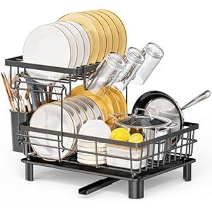 LIONONLY Large Dish Drying Rack with Drainboard, 2 Tier Stainless Steel Drying Racks for Kitchen Counter,Detachable Dish Drainer Organizer Shelf with Utensil Holder Set (Black)