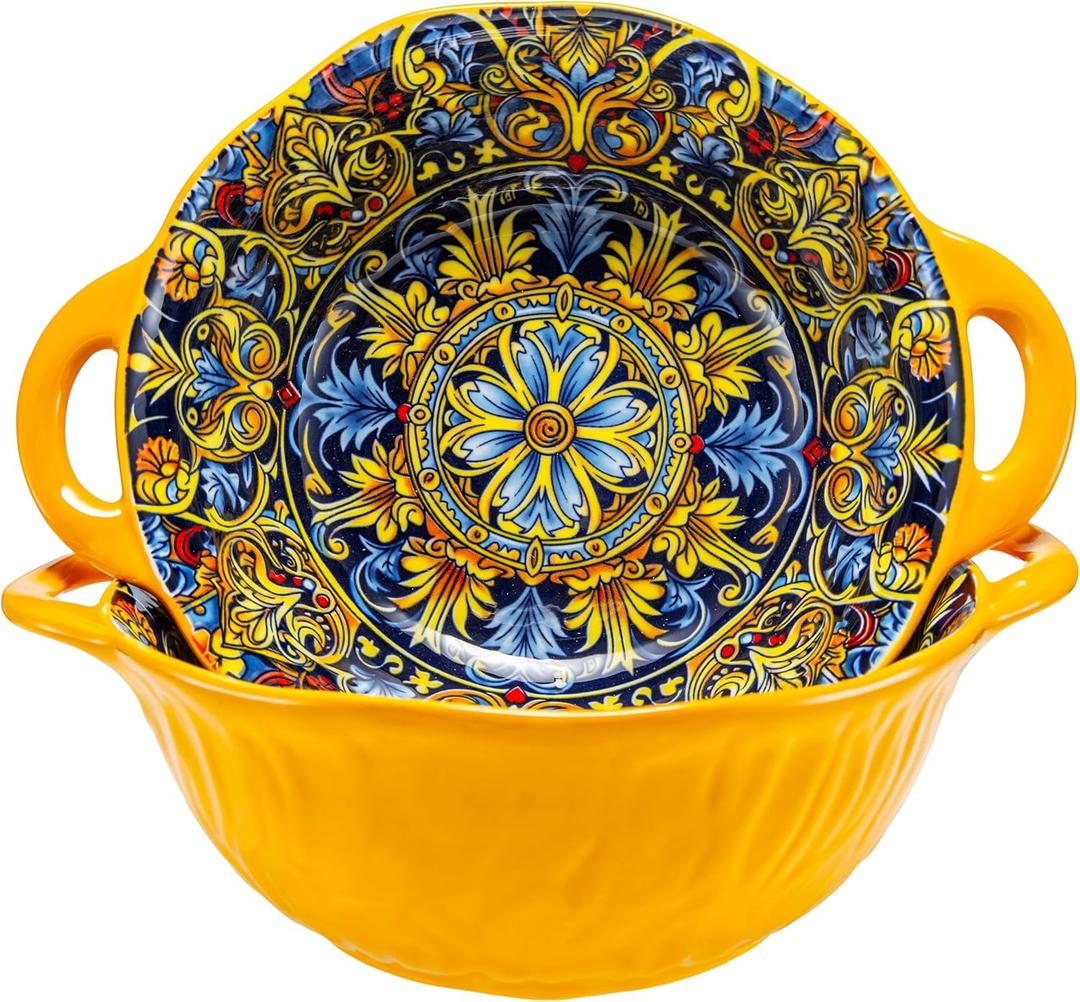 Boho Ceramic Serving Bowls with Handles Set of 2, Ceramic Large Serving Bowls, 40 Oz Porcelain Salad Bowls, Large Serving Dishes for Entertaining, Nesting Mixing Bowls for Soup,Stew,Fruits,Dinner