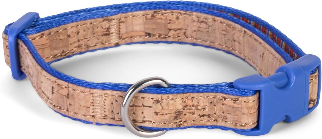The Dodo Cork Dog Collar, Stripe, Size Large; Cork Material Collar for Dogs, Everyday Pet Apparel; Adjustable Snap Together, Pinch Release Buckle Collar (Blue)