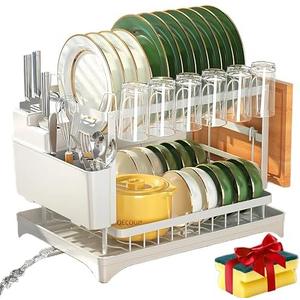 QECOUI 2-Tier Dish Drying Rack with Drainboard, Sink & Countertop Metal Dish Rack Organizer, Dish Drainers for Kitchen Counter, White Dish Racks