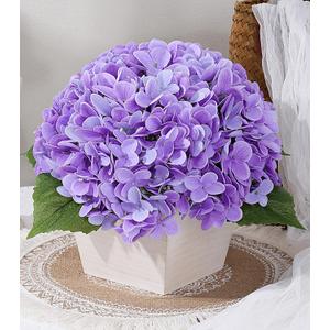 Artificial Hydrangea Flowers Arrangement in Wood Planter, 4PCS Fake Purple Flowers in Wooden Vase Potted Floral Centerpieces for Tables Living Room Home Office Room Shelf Kitchen Decor