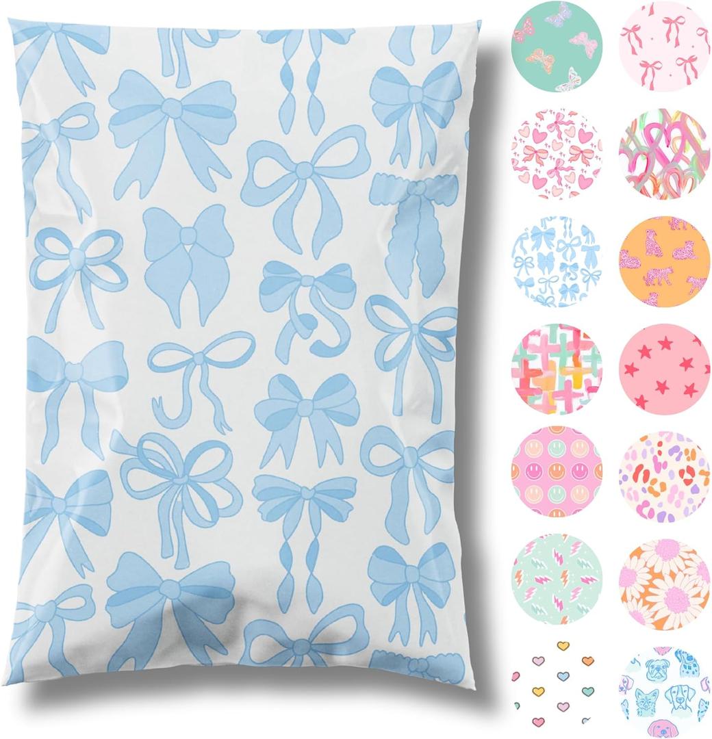 Pretty Package Store 6x9 Designer Poly Mailer 100 Pack Heavy Duty Waterproof Self Seal Shipping Bags for Small Business Large Mailing Envelopes Bulk Tear Resistant Packaging Blue Bows