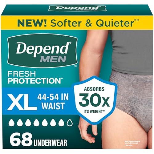 Depend Fresh Protection Adult Diapers, Incontinence Underwear for Men, Disposable, Maximum, Extra-Large, Grey, 68 Count (2 Packs of 34)