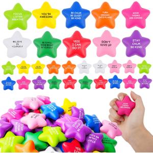 100PCS Bulk Star Stress Balls for Adults & Kids - Motivational Quotes Soft Foam, Stress Relief Squeeze Toys, Fidget Anxiety & Anger Relief at Work/School/Home, Perfect Party Favors (Multi-Color), 2.16 inches