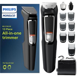 Norelco Philips Multi Groomer All-in-One Trimmer Series 3000-13 Piece Mens Grooming Kit for Beard, Face, Nose, Ear Hair Trimmer and Hair Clipper - NO Blade Oil Needed, MG3740/40 (MG3740/40 - 13 Pieces, Black/Chrome)