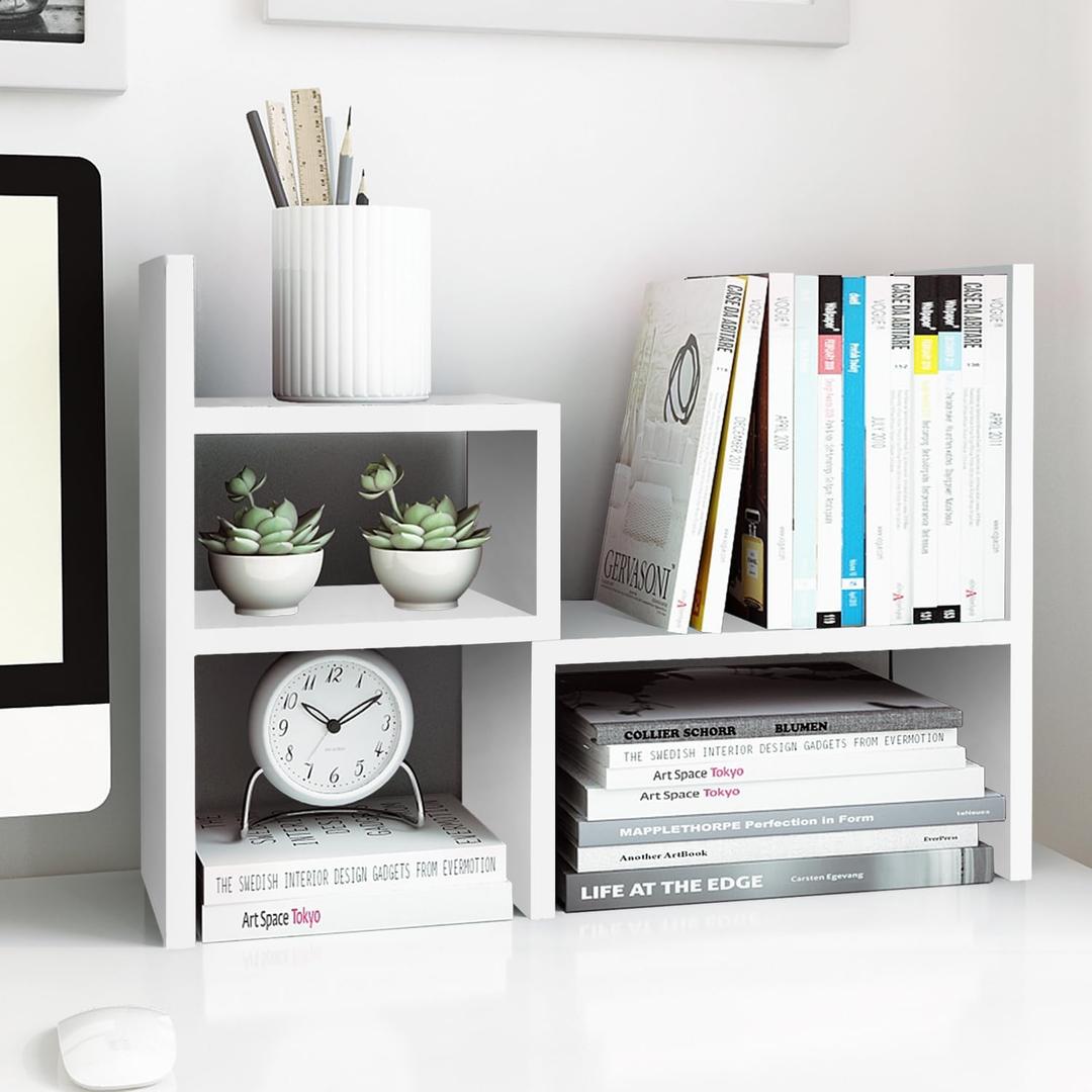 Jerry & Maggie - Desktop Organizer Office Storage Rack Adjustable Wood Display Shelf | Birthday Gifts - Toy - Home Decor | - Free Style Rotation Display - True Natural Stand Shelf (White)