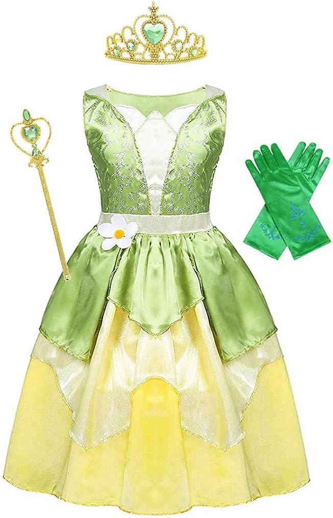 WonderBabe Little Girls Green Frog Princess Dress Kids Christmas Birthday Party Cosplay Outfits Gift with Accessories (3-4 T, Green Dress+crown+scepter+gloves)