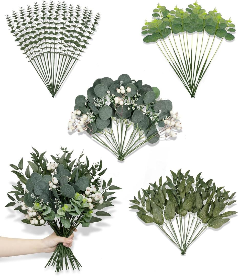 60 Pcs Mixed Artificial Eucalyptus Leaves Stems Bulk, 5Kinds Fake Greenery Silver Dollar Leaves Dried Eucalyptus Bundle with White Seeds Berry for DIY Bouquets Floral Arrangement Wedding Vase