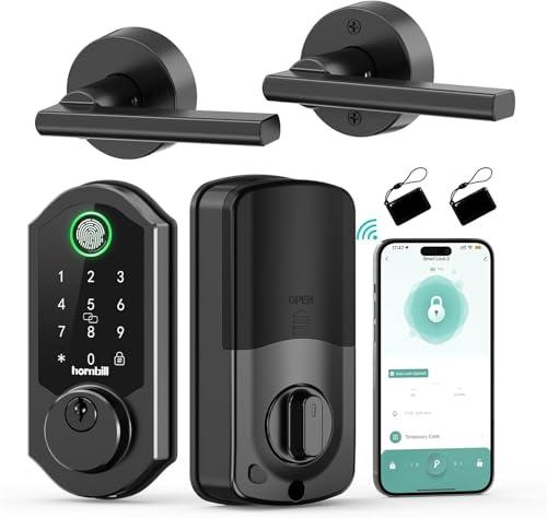 Smart Front Lock Set Fingerprint: Hornbill WiFi Deadbolt with Code App Keypad Keyless Entry Door Lock with Handle Lever Combo - Touchscreen Electronic Digital Remote Control for Front Door, Matt Black