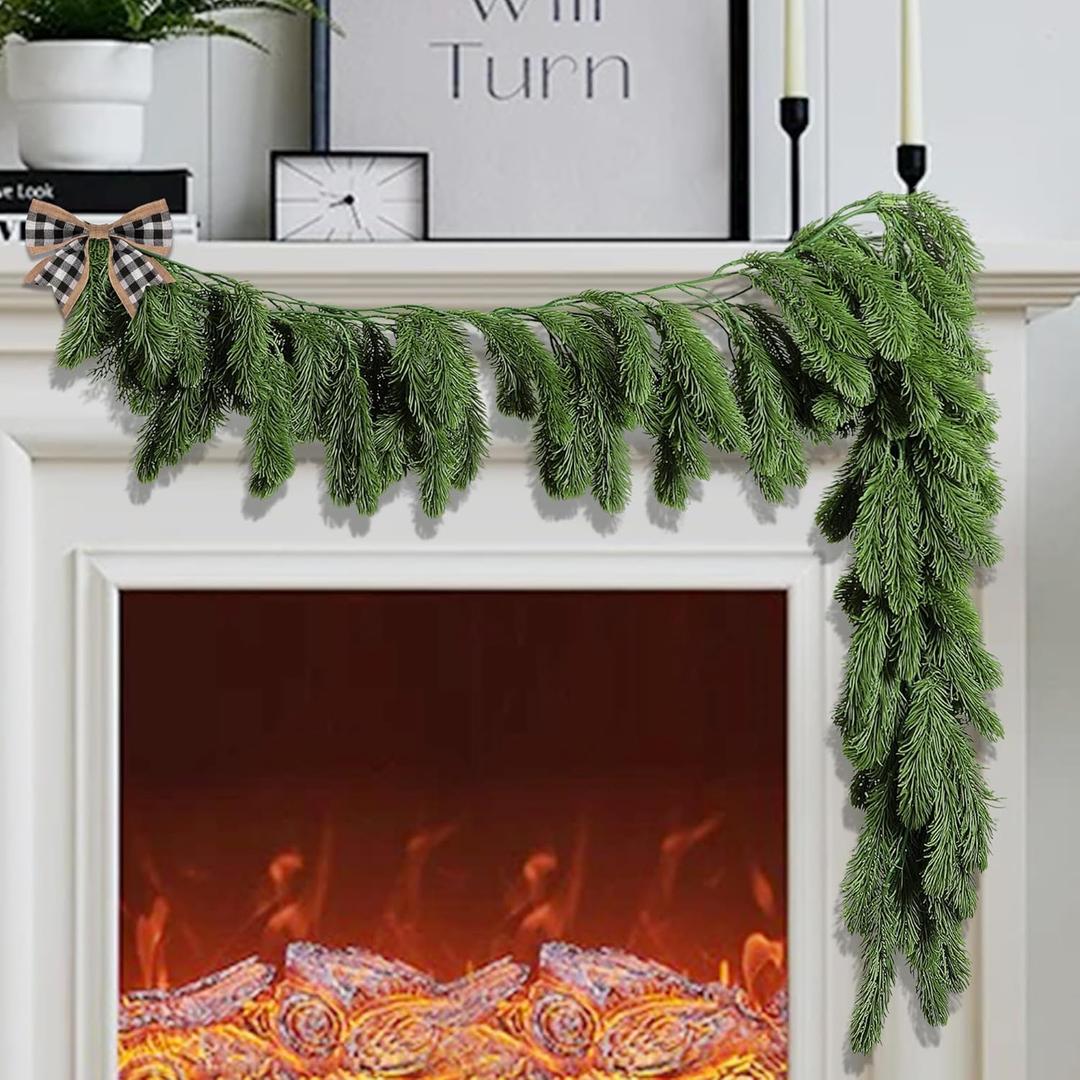 2 Pcs Christmas Norfolk Pine Garlands, 4.9 Ft Single Fork Norfolk Pine Realistic Touch Garland, Artificial Pines Greenery Garland for Christmas Table Fireplace Wall Home Decoration