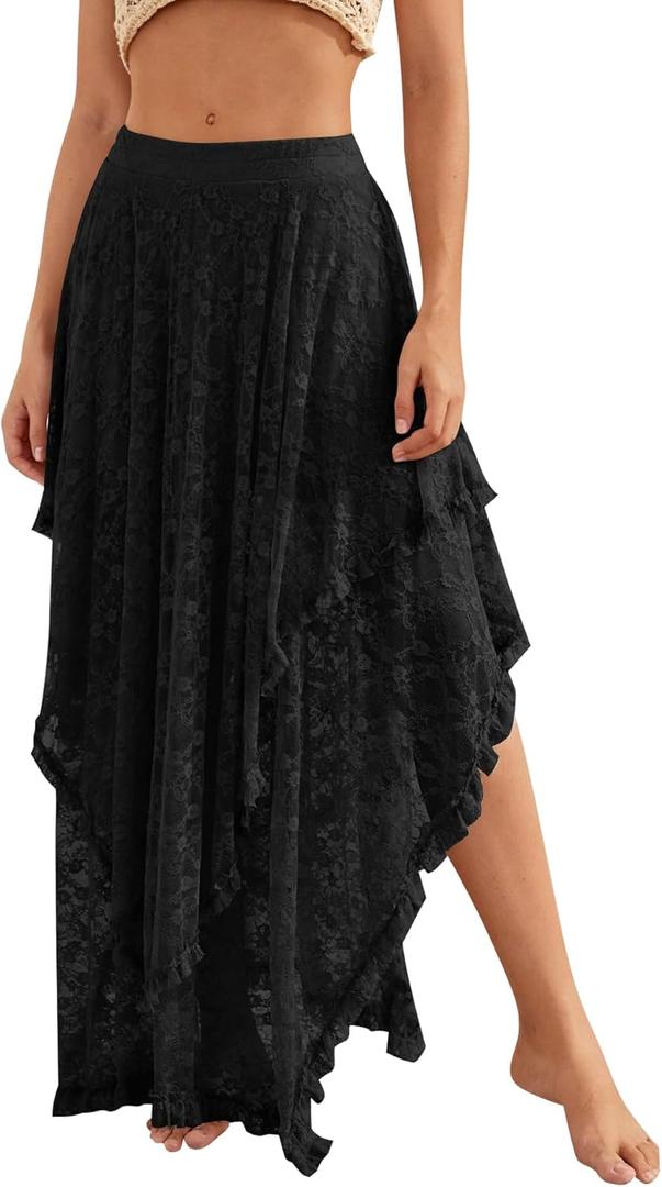 YKR Womens Lace Long Skirts Elastic Asymmetrical Layered Hem Sexy See-Through Flowy Skirts Floral Beach Maxi Skirt (Medium, Black)