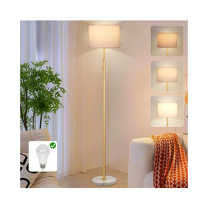 63.7" Modern Floor Lamp with White Marble Base & Linen Shade, Dimmable Tall Standing Lamp for Living Room & Bedroom, Gold Pole Light with 9W LED Bulb for Office Reading