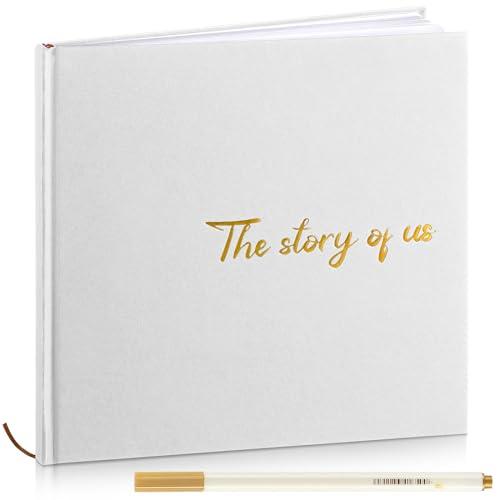 Colarr Hardcover Couples Scrapbook 144 Pages 8.7 x 8.7" Couples Photo Album Scrapbook Relationship Journal for Memory Book Gift for Wedding with 2 Markers(White,the Story of Us)