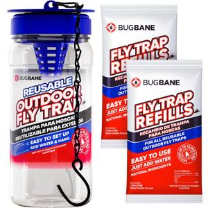 Fly Trap Outdoor Fly Traps for Patio with 2 Non-Toxic Dissolvable Bait Refills. Reusable Hanging Bug Catcher Killer for All Filth Flies for Outside Bug Control Yard Ranch. Hanging Chains Included.