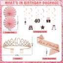 40th Birthday Decorations for Women - Rose Gold 37Pcs All-in-One Party Kit with Banner, Backdrop, Tiara, Sash, Cake Topper, Latex Balloons, Hanging Swirls, Centerpieces