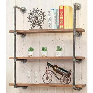 Industrial Wall Mounted Iron Floating Pipe Shelves/Shelving/Racks/Storage/Bookcases/Brackets, DIY Open Bookshelves, Retro Black (4-Tier Shelf Brackets with 3 Boards)