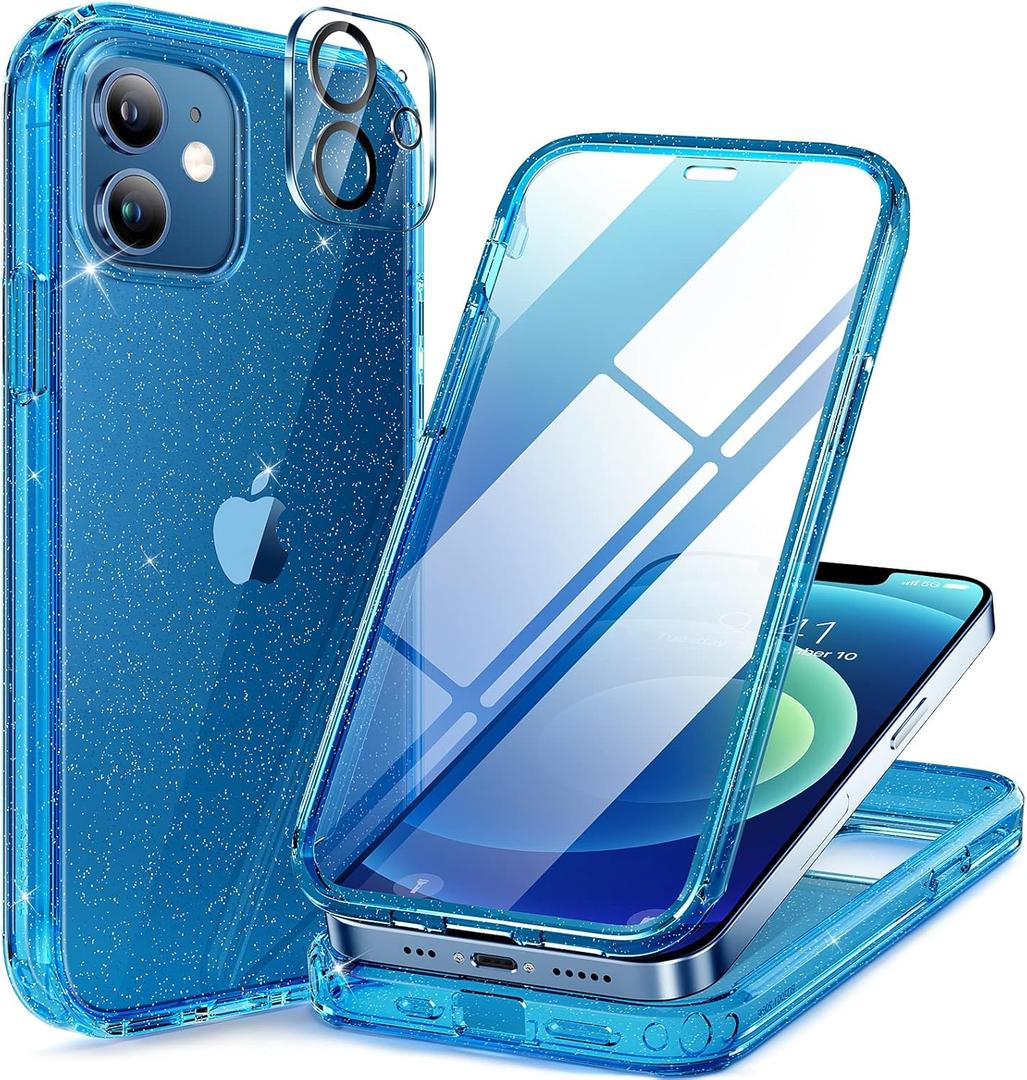 Miracase for iPhone 12/12 Pro Case 6.1 inch, Upgraded Full-Body Rugged Phone Bumper Case Cover with Built-in 9H Tempered Glass Screen Protector and Camera Protector, Glitter Blue