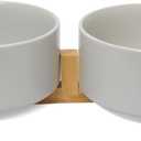 Dog Food Bowl, 13.5 oz Ceramic Food and Water Bowls for Dogs, Pet Dishes Set with Wood Stand, for Small Size Dog and Cat, No Spill Feeding Station with Weighted Base, Grey (1.7 CUPS)