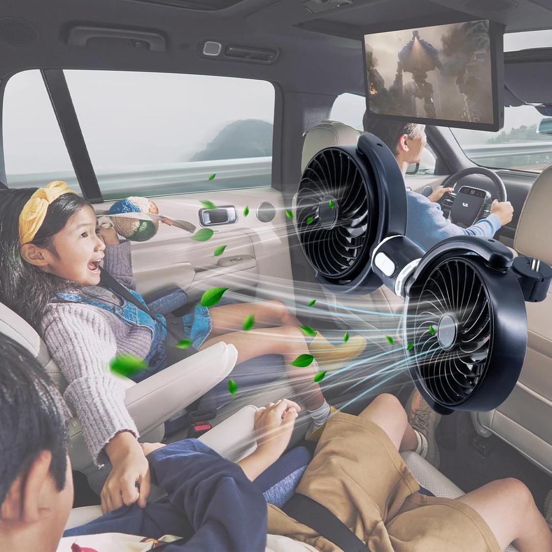 Car Seat Fans for Backseat Kids,Dual Head White USB Powered Car Backseat Fan for Car Rear Seat Baby Kids(No Battery)
