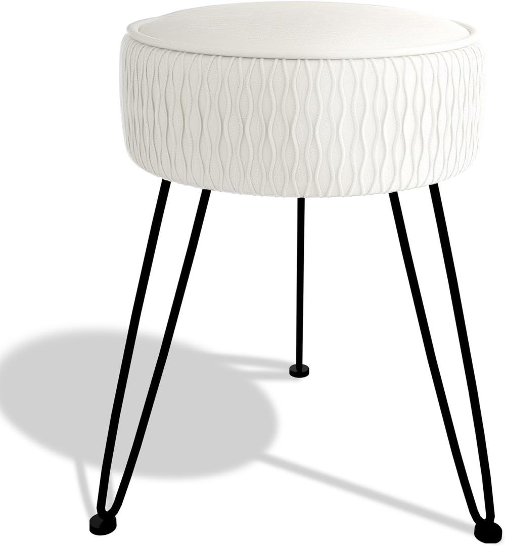 MOOWIND Velvet Vanity Stool Footrests, Round Ottoman Vanity Chairs with Anti-Slip Feet, Dressing Table Seat Foot Stool with Black Legs, Furry Padded Seat Side Table for Makeup Bedroom, White