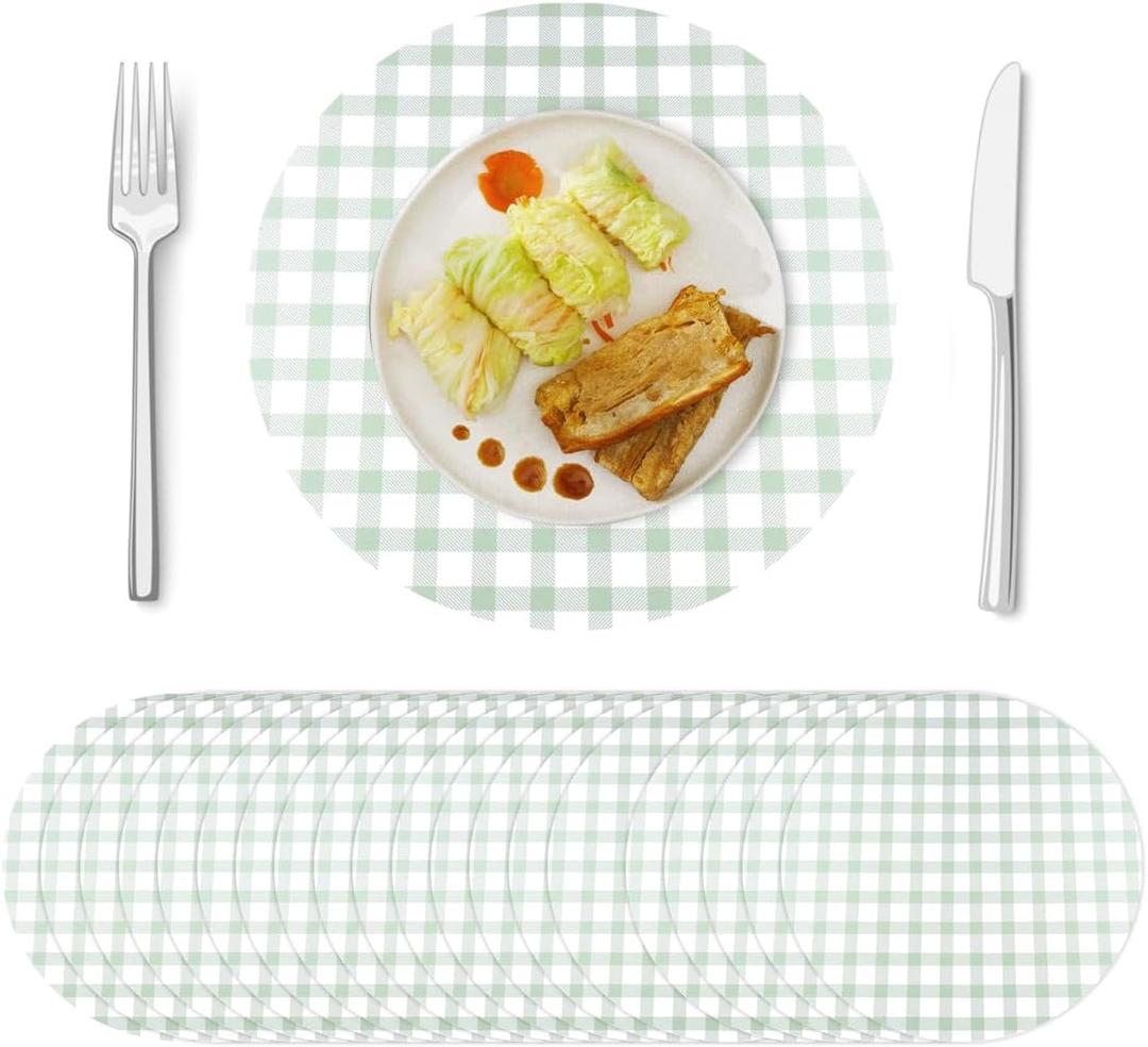 100 Pcs Disposable Gingham Paper Placemats 13 inches Round Table Place Mat Decorative Paper Placemat for Baby Shower Birthday Wedding Party(Sage Green)