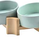SPUNKYJUNKY 15 Slanted Ceramic Dog and Cat Bowl with Wooden Stand, Tilted Bulldog Food and Water Bowl No Slip Non-Spill for Cats Medium Dogs Big Face Pets 13.5 OZ (1.7 Cups, Morandi Green  2)