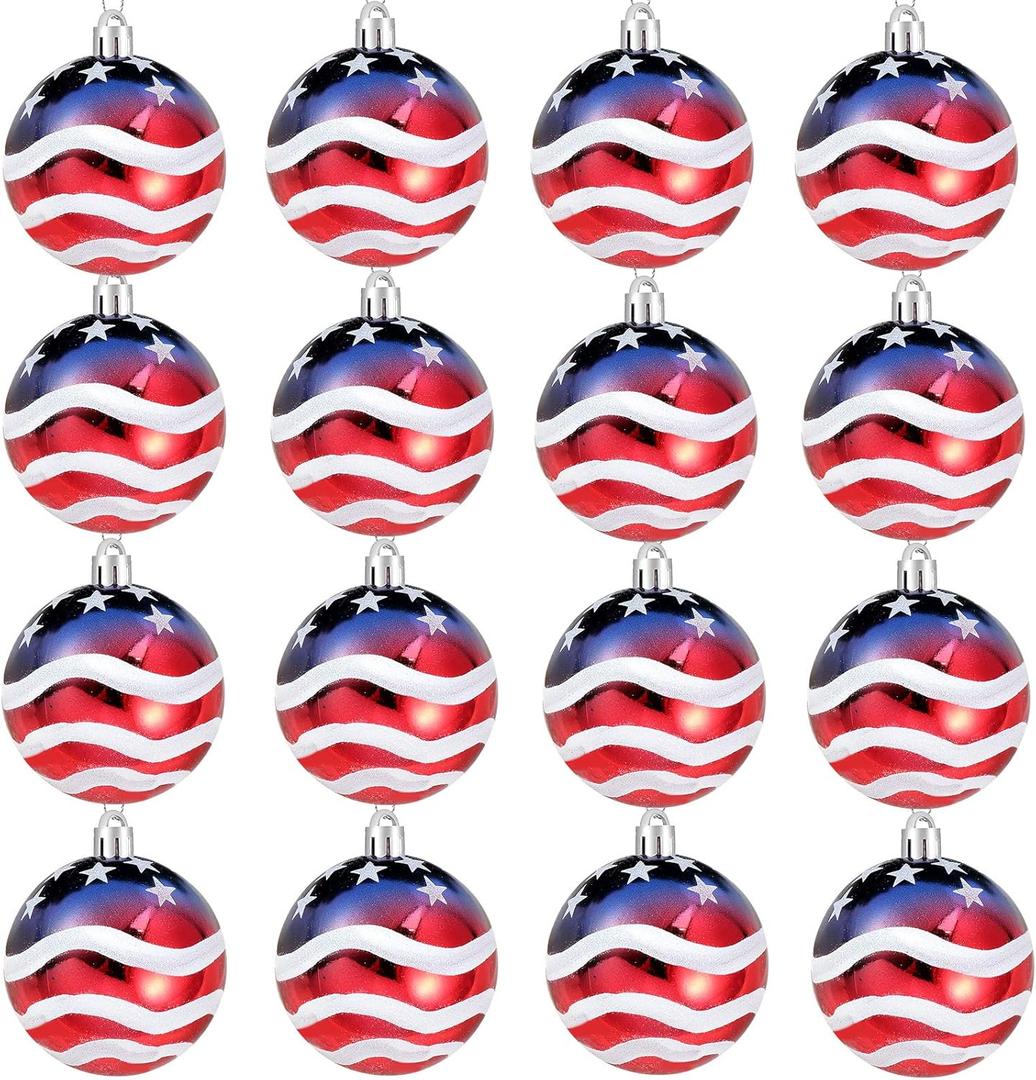 Iceyyyy 16 Pcs Independence Day Ball Ornament - 4th of July Patriotic Hanging Ball Decoration American Flag Ornament for Independence Day, Christmas Tree, USA Themed Party Supplies (16)