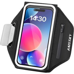 Running Armband with Earphone Bag Cell Phone Armband for iPhone 17 16 15 Pro 14 Plus 13 11 XR, Galaxy S24/S10 Water Resistant Sports Phone Holder Case & Zipper Slot Car Key Holder for 6.9 inch Phone, M: Medium Arm
