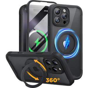Miracase for iPhone 16 Pro Max Case with 360° Magnetic Ring Stand [Compatible with Magsafe] Full-Body Drop Proof Bumper Phone Case with Built-in 9H Tempered Glass Screen Protector,Black