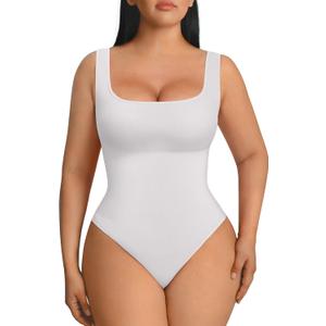 FeelinGirl Bodysuits for Women Seamless Square Neck Tummy Control Compression Thong Shapewear Bodysuit Tank Tops Bodysuit (White, M)