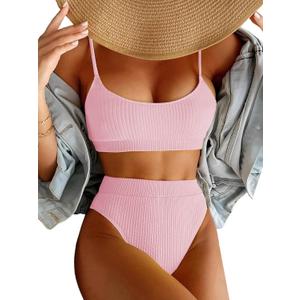 Lilosy High Waisted Tummy Control Ribbed Bikini Crop Top Brazilian Swimsuit Set 2 Piece (XX-Large, Pink)