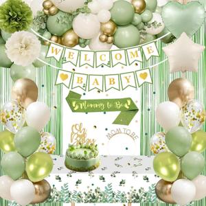 Baby Shower Decorations, Sage Green Woodland Gender Neutral Baby Shower Decor with Welcome Baby Banner, Balloons, Fringe Curtain Tablecloth, Sash Tiara, Pom Poms, Gender Reveal Bday Party Decorations