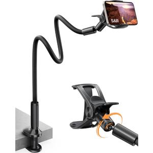 SAIJI Gooseneck Phone Holder for Bed Overall Length 38.6 Flexible Leather Wrapped Arm Overhead Cell Phone Mount Stand with 360 Adjustable Clamp Clip, Compatible with All 4-7 Cellphones (Black)