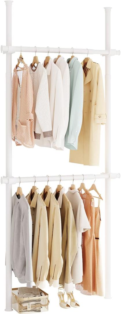 Floor to Ceiling Clothes Rack, Heavy-Duty Telescopic Garment Rack, 43122in Height & 3047in Width, 220lbs Total Load Capacity, 2-Pole, White