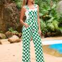 Overalls for Women Loose Fit Jumpsuits Fashion Checkered Straight Leg Pants Stretch Bib Coveralls (Green, M)