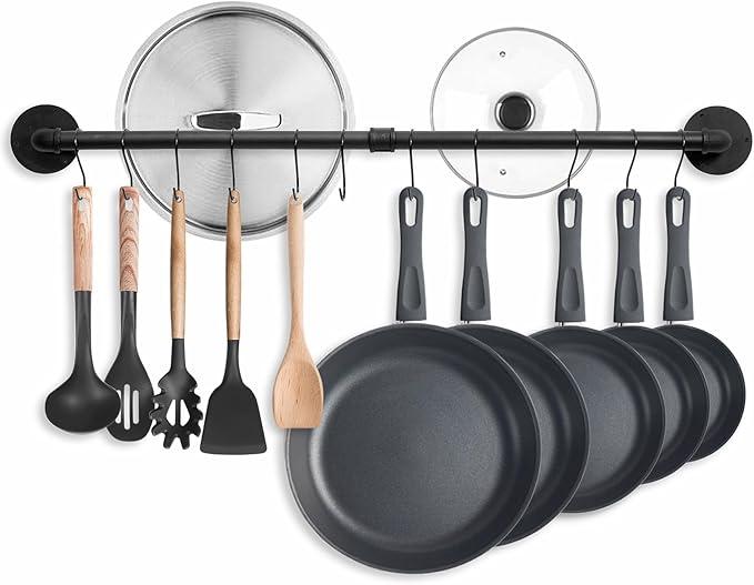 Boshangjia 38.5 inch Pot Rack Wall Mounted Detachable Pan Rack Organizer Industrial Pipe Hanging Rail Lids Utensils Hanger Holder for Kitchen with 10 S Hooks, Black…